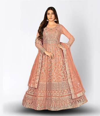 PEACH NET ANARKALI EMBROIDERED WORK LONG SALWAR SUIT DUPATTA 1