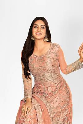 PEACH NET ANARKALI EMBROIDERED WORK LONG SALWAR SUIT DUPATTA 2