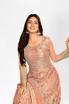 PEACH NET ANARKALI EMBROIDERED WORK LONG SALWAR SUIT DUPATTA