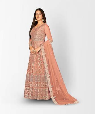 PEACH NET ANARKALI EMBROIDERED WORK LONG SALWAR SUIT DUPATTA 3