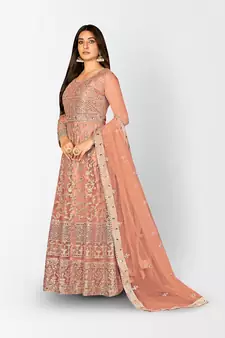 PEACH NET ANARKALI EMBROIDERED WORK LONG SALWAR SUIT DUPATTA