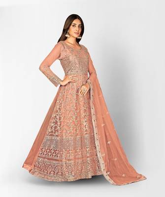 PEACH NET ANARKALI EMBROIDERED WORK LONG SALWAR SUIT DUPATTA 4