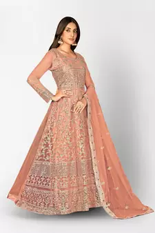 PEACH NET ANARKALI EMBROIDERED WORK LONG SALWAR SUIT DUPATTA