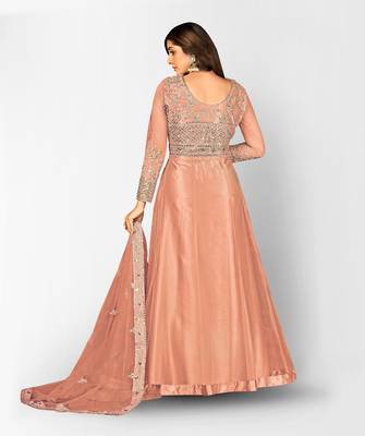 PEACH NET ANARKALI EMBROIDERED WORK LONG SALWAR SUIT DUPATTA 5
