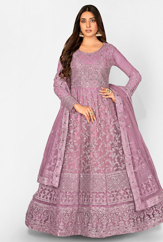 PURPLE NET ANARKALI EMBROIDERED WORK LONG SALWAR SUIT DUPATTA