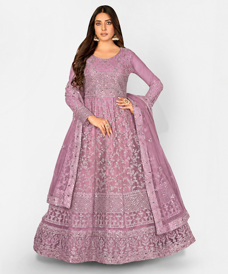 PURPLE NET ANARKALI EMBROIDERED WORK LONG SALWAR SUIT DUPATTA
