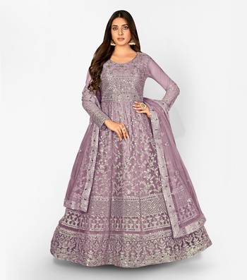 PURPLE NET ANARKALI EMBROIDERED WORK LONG SALWAR SUIT DUPATTA 1