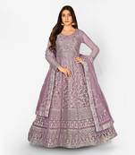 PURPLE NET ANARKALI EMBROIDERED WORK LONG SALWAR SUIT DUPATTA