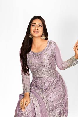 PURPLE NET ANARKALI EMBROIDERED WORK LONG SALWAR SUIT DUPATTA 2