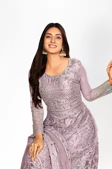 PURPLE NET ANARKALI EMBROIDERED WORK LONG SALWAR SUIT DUPATTA