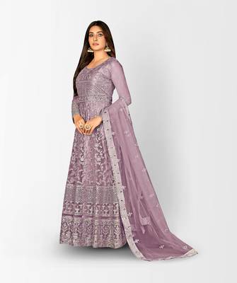 PURPLE NET ANARKALI EMBROIDERED WORK LONG SALWAR SUIT DUPATTA 3