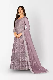 PURPLE NET ANARKALI EMBROIDERED WORK LONG SALWAR SUIT DUPATTA