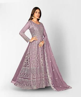 PURPLE NET ANARKALI EMBROIDERED WORK LONG SALWAR SUIT DUPATTA 4