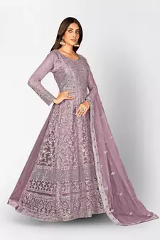 PURPLE NET ANARKALI EMBROIDERED WORK LONG SALWAR SUIT DUPATTA