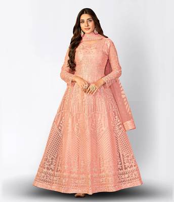 PEACH NET ANARKALI EMBROIDERED WORK LONG SALWAR SUIT DUPATTA 1