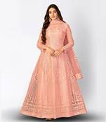 PEACH NET ANARKALI EMBROIDERED WORK LONG SALWAR SUIT DUPATTA