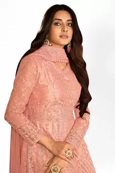 PEACH NET ANARKALI EMBROIDERED WORK LONG SALWAR SUIT DUPATTA