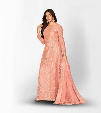 PEACH NET ANARKALI EMBROIDERED WORK LONG SALWAR SUIT DUPATTA 3