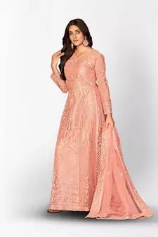 PEACH NET ANARKALI EMBROIDERED WORK LONG SALWAR SUIT DUPATTA