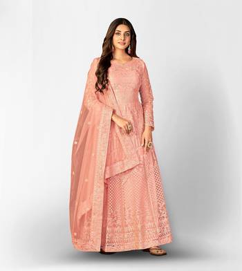 PEACH NET ANARKALI EMBROIDERED WORK LONG SALWAR SUIT DUPATTA 4
