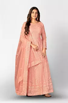 PEACH NET ANARKALI EMBROIDERED WORK LONG SALWAR SUIT DUPATTA