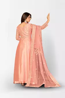 PEACH NET ANARKALI EMBROIDERED WORK LONG SALWAR SUIT DUPATTA
