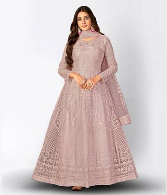 PURPLE NET ANARKALI EMBROIDERED WORK LONG SALWAR SUIT DUPATTA 1