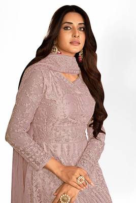 PURPLE NET ANARKALI EMBROIDERED WORK LONG SALWAR SUIT DUPATTA 2