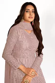 PURPLE NET ANARKALI EMBROIDERED WORK LONG SALWAR SUIT DUPATTA