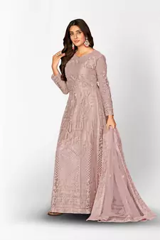 PURPLE NET ANARKALI EMBROIDERED WORK LONG SALWAR SUIT DUPATTA