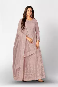 PURPLE NET ANARKALI EMBROIDERED WORK LONG SALWAR SUIT DUPATTA