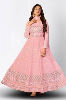 FASCINATING PINK FANCY SEQUINS EMBROIDERED GEORGETTE PARTY WEAR GOWN SEMI STITCHED