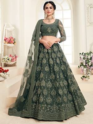 Mahendi Green Coding Embroidered Net And Silk Satin Party Wear Lehenga Choli 1