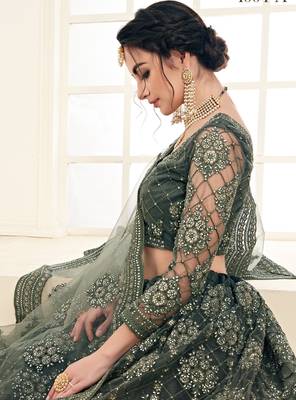 Mahendi Green Coding Embroidered Net And Silk Satin Party Wear Lehenga Choli 2