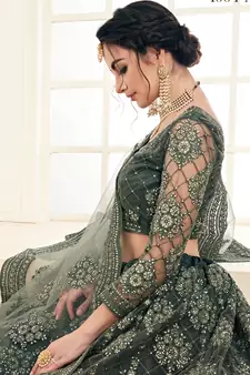 Mahendi Green Coding Embroidered Net And Silk Satin Party Wear Lehenga Choli