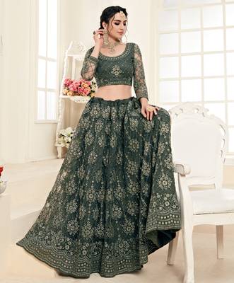 Mahendi Green Coding Embroidered Net And Silk Satin Party Wear Lehenga Choli 3
