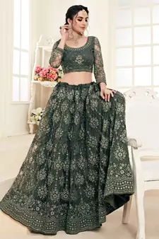Mahendi Green Coding Embroidered Net And Silk Satin Party Wear Lehenga Choli
