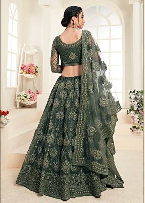 Mahendi Green Coding Embroidered Net And Silk Satin Party Wear Lehenga Choli 4
