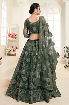 Mahendi Green Coding Embroidered Net And Silk Satin Party Wear Lehenga Choli