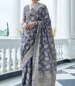 Slate Blue Lucknowi Thread work designer border & pallu saree with Blouse