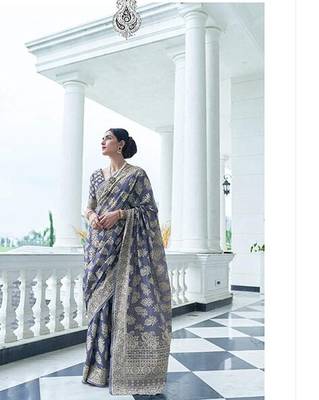 Slate Blue Lucknowi Thread work designer border & pallu saree with Blouse 2