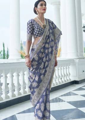 Slate Blue Lucknowi Thread work designer border & pallu saree with Blouse 3