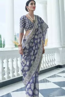 Slate Blue Lucknowi Thread work designer border & pallu saree with Blouse