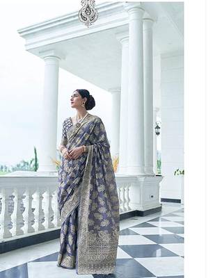 Slate Blue Lucknowi Thread work designer border & pallu saree with Blouse 4