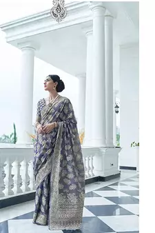 Slate Blue Lucknowi Thread work designer border & pallu saree with Blouse