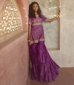 Purple Layered/ Gathered Sharara Set With Short Kurti & Dupatta