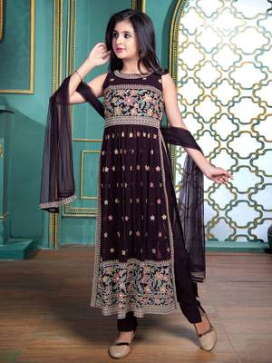 White Button Brown Georgette  Embroidery Churidar Salwar Suit For Girls Dress 2