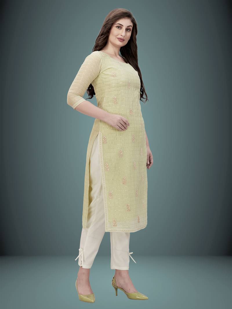 Trendmalls Light-green embroidered chanderi Party Wear Festive Casual Wedding CHIKANKARI Premium Kurtis & Kurta 