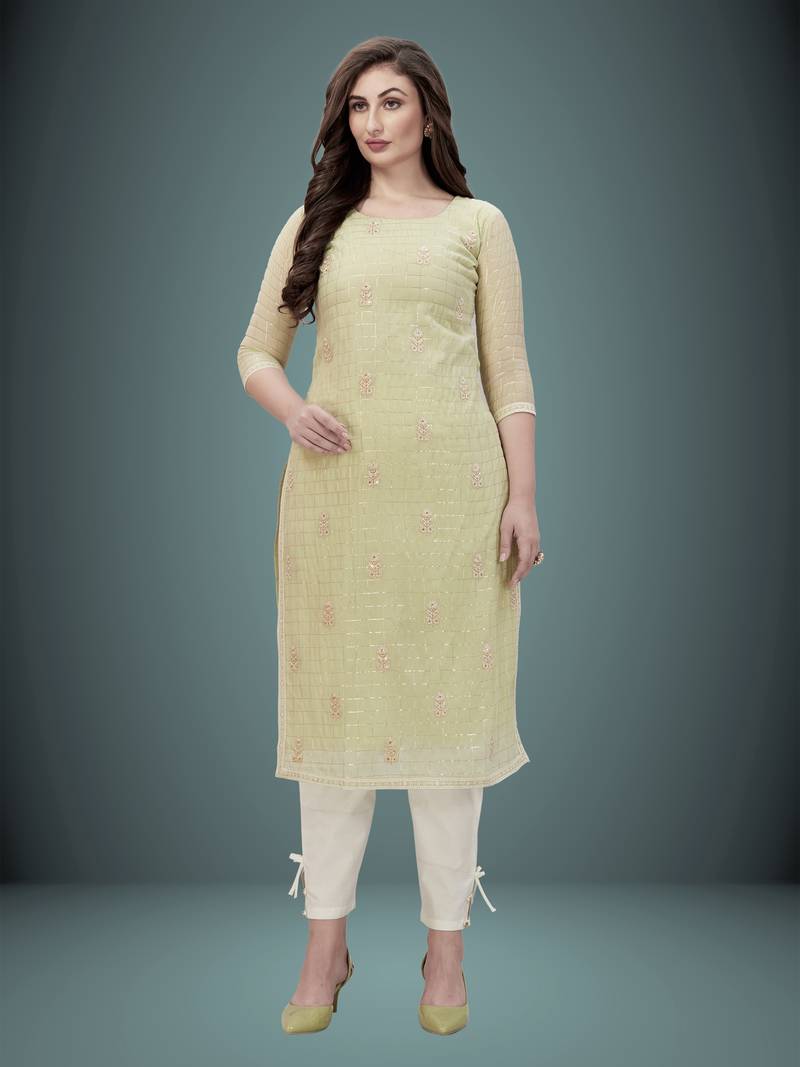 Trendmalls Light-green embroidered chanderi Party Wear Festive Casual Wedding CHIKANKARI Premium Kurtis & Kurta 
