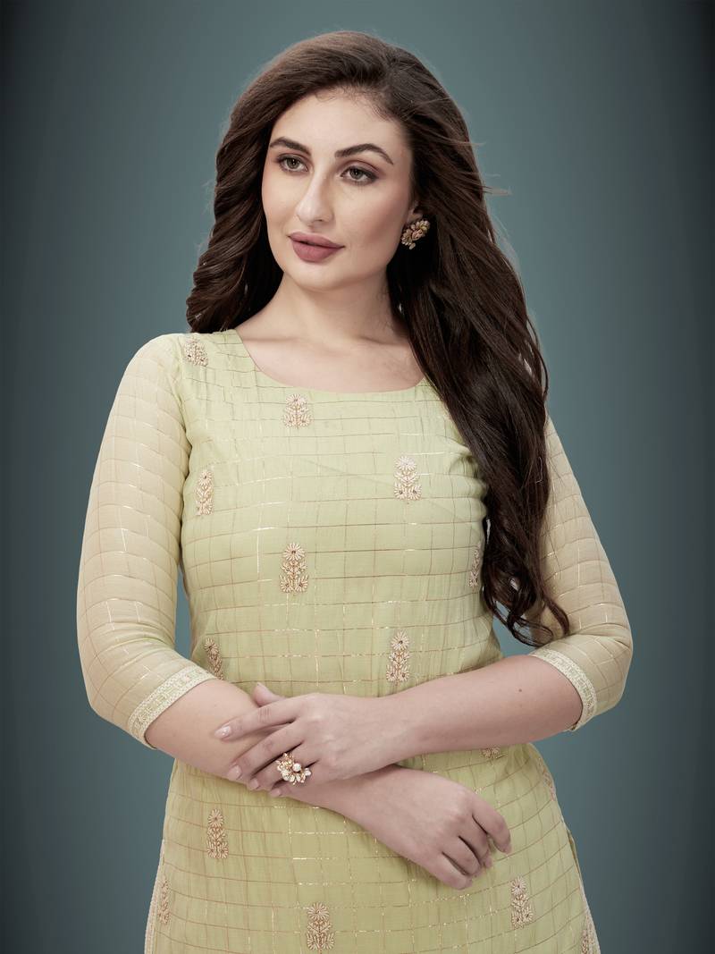 Trendmalls Light-green embroidered chanderi Party Wear Festive Casual Wedding CHIKANKARI Premium Kurtis & Kurta 